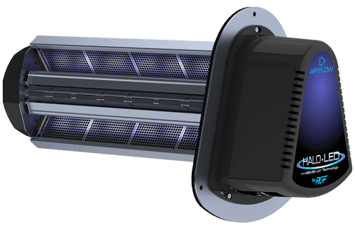 Air purifier device with a cylindrical design and LED indicator lights on the casing.